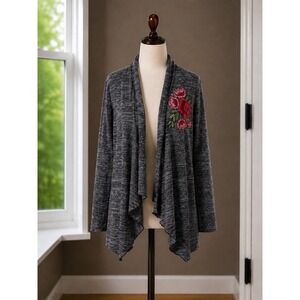 Ultra Teeze Womens Gray Space Dye Floral Rose Embroidered Open Front Cardigan L